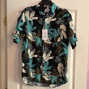 NN07 Men's Tropical Print Shirt Large- Black and Teal